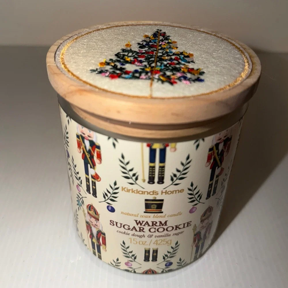 Kirkland’s Home Cookie Candle Warm Sugar 15 oz Nutcracker Jar w/ Embroidered Lid